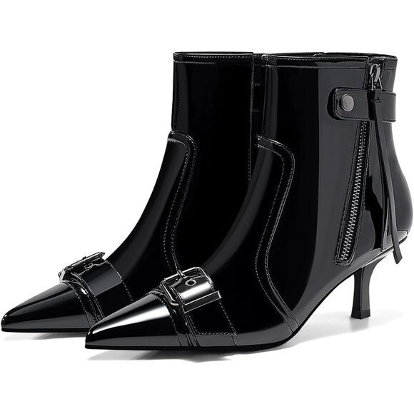 ⚡Women's Cool Black Kitten Heel Ankle Boot Pointed Toe Buckle Side Zipper Tassel - Picture 1 of 5